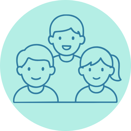 Illustration of three smiling children, two boys and one girl, with light hair on a teal background.