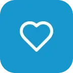 White heart outline on a blue circular background.