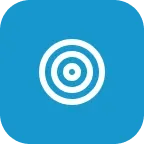 Blue circular icon with white concentric circles and a central dot.