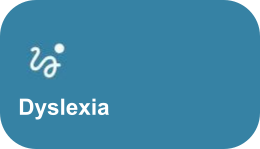 Blue background with white text reading 'Dyslexia' and a white symbol above it.