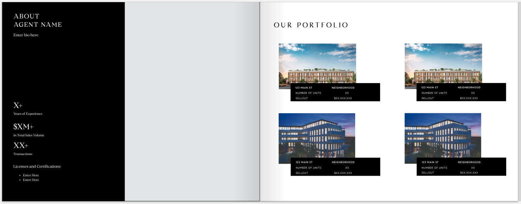A two-page brochure or presentation layout with a black left section and a white right section. The left side contains placeholder text with details like agent experience and sales volume. The right section displays a portfolio of property images, each with property details in black overlays, including address, neighborhood, number of units, and sellout information.