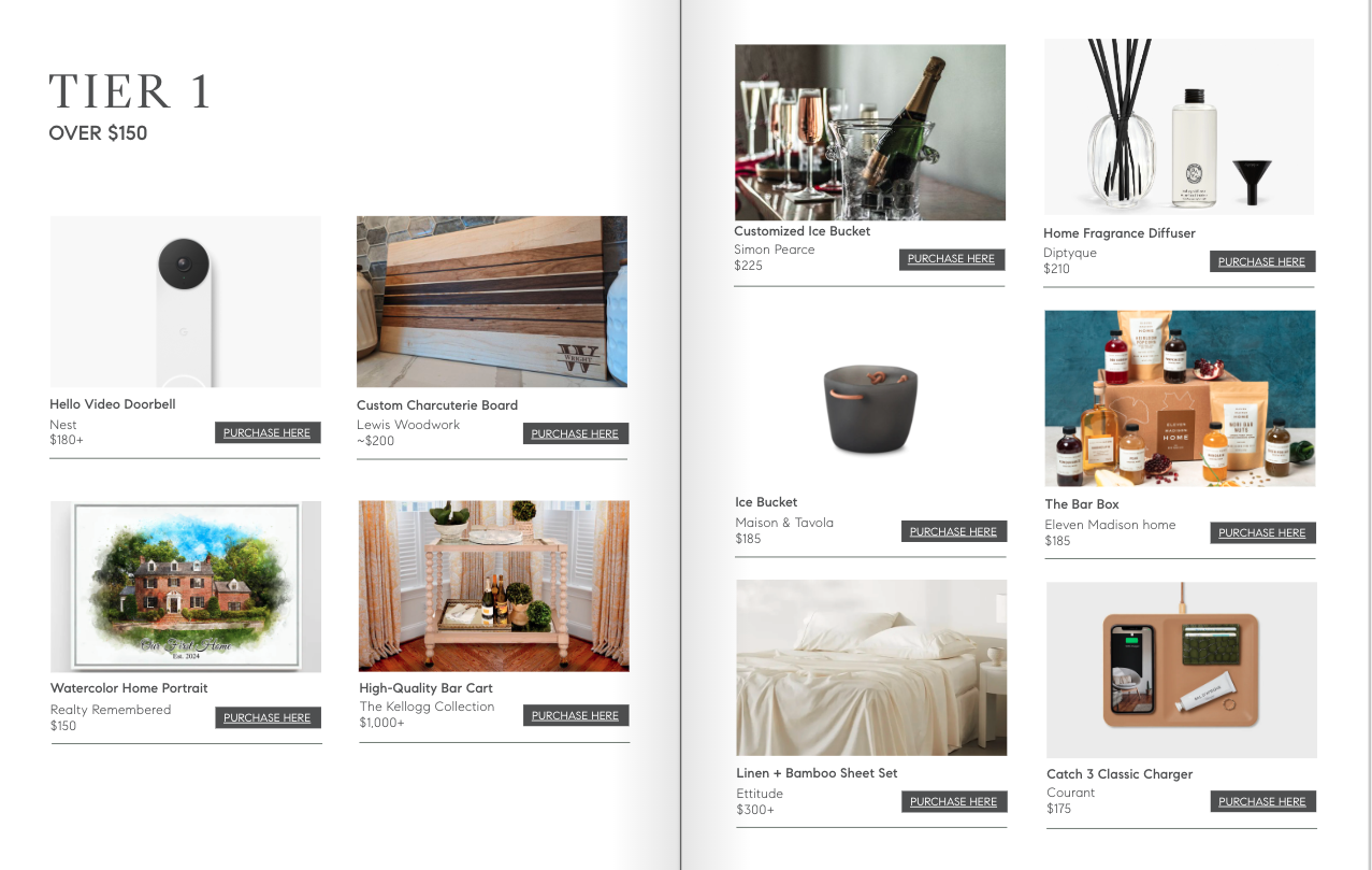 A catalog page showcasing various luxury home products. Items include a Hello Video Doorbell, a Custom Charcuterie Board, Watercolor Home Portrait, High-Quality Bar Cart, Customized Ice Bucket, Home Fragrance Diffuser, Ice Bucket, The Bar Box, Linen + Bamboo Sheet Set, and Catch 3 Classic Charger, with prices and purchase buttons.