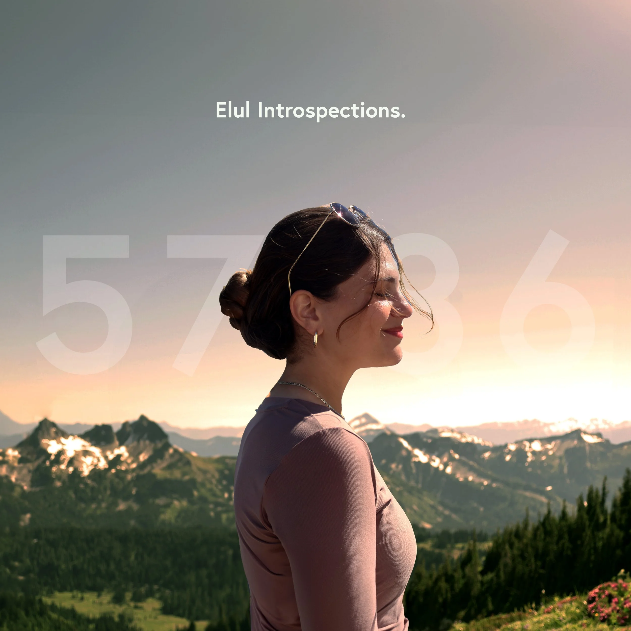 A woman with dark hair styled in an elegant bun is standing outdoors, wearing sunglasses on her head, during sunset with mountainous landscape in the background.