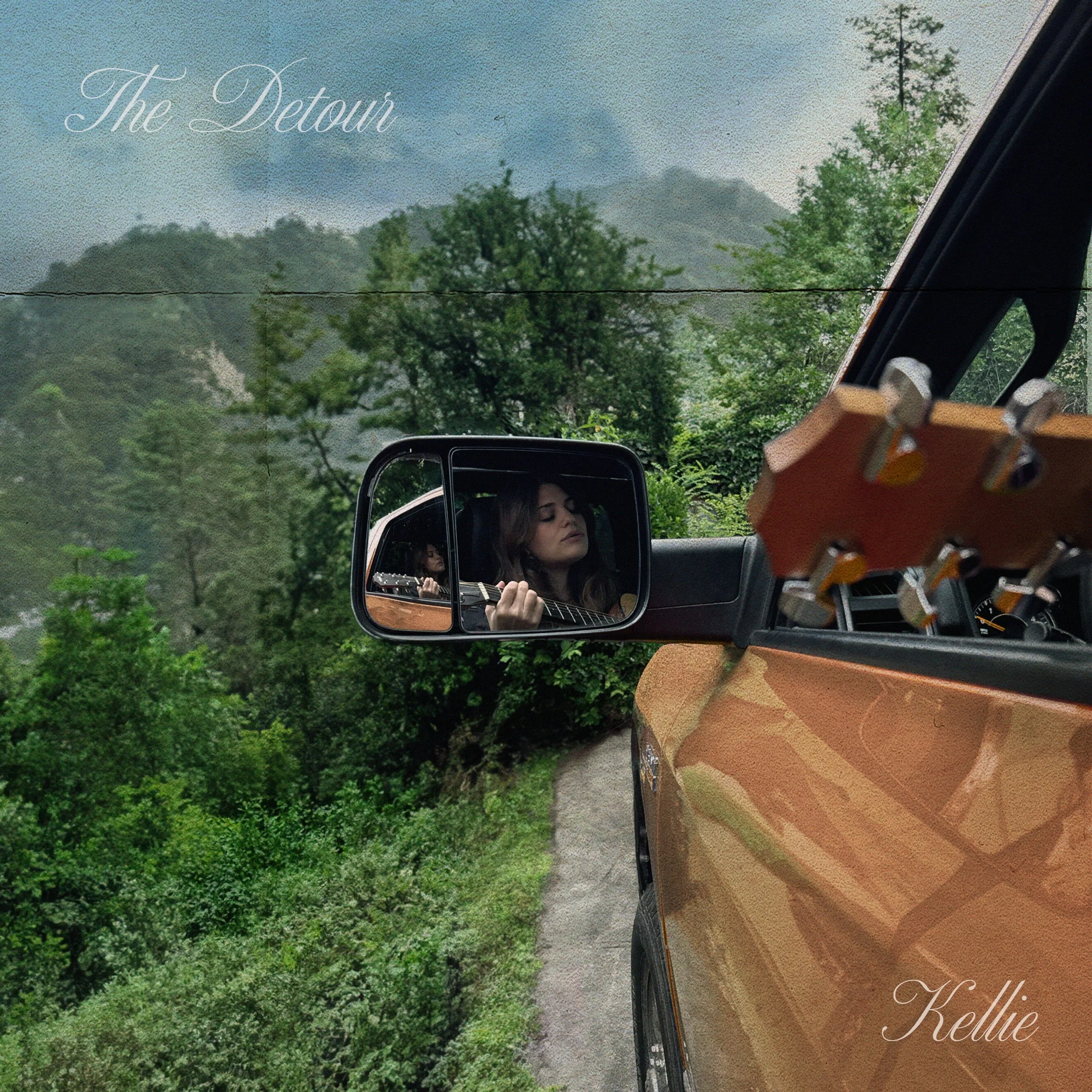 The cover of a book titled 'The Detour' featuring a scenic view of mountains and trees through a car's side mirror; a person playing guitar is reflected in the mirror.