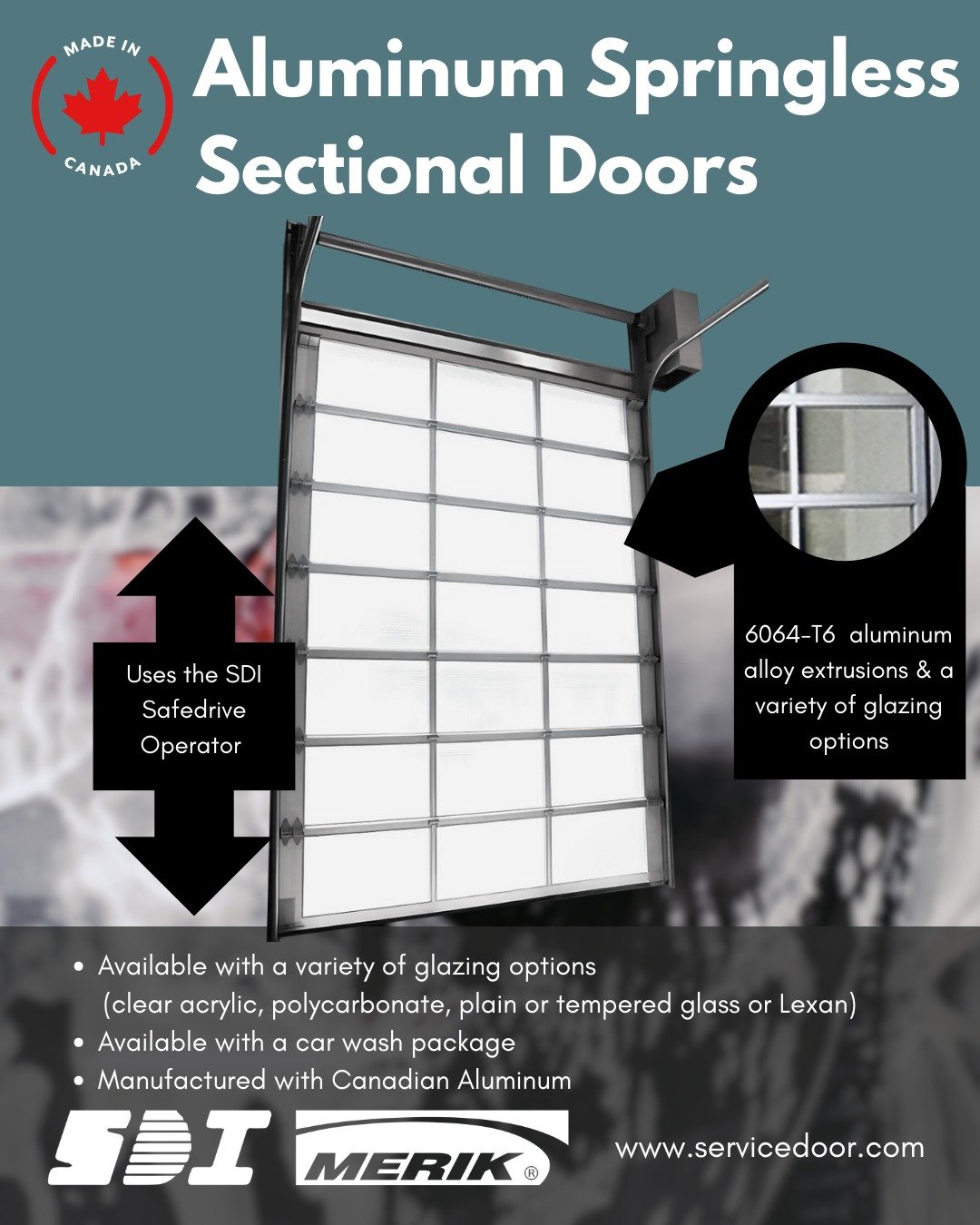 🍁 Proudly Canadian since 1988. SDI Springless Sectional Aluminum Doors are manufactured in Canada using high-quality Canadian aluminum.

- They provide an attractive solution when unobstructed visibility is essential

- All components are proven thr