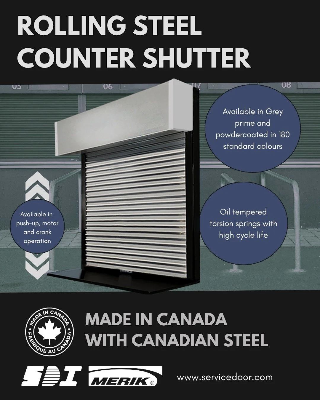 Made in Canada 🍁 Using Canadian steel, SDI Counter Doors are designed to secure your space while maintaining aesthetic appeal.
🎨 Available in prime grey finish or 180 standard powder coat colours, making it easy to suit any space.
🔒 Locking mechan