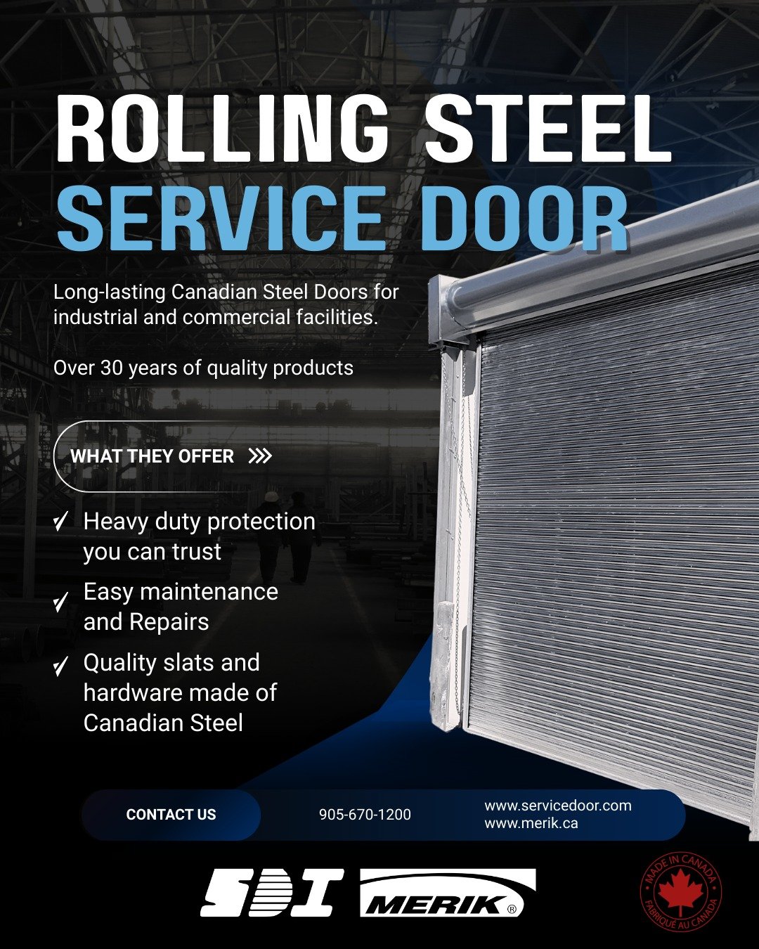 Proudly Canadian since 1988🍁 SDI is the only rolling steel door manufacturer in Canada. Each SDI door is engineered and manufactured in Mississauga, Ontario.

🔗 Our high-quality steel components ensure durability and reliability for heavy use in th