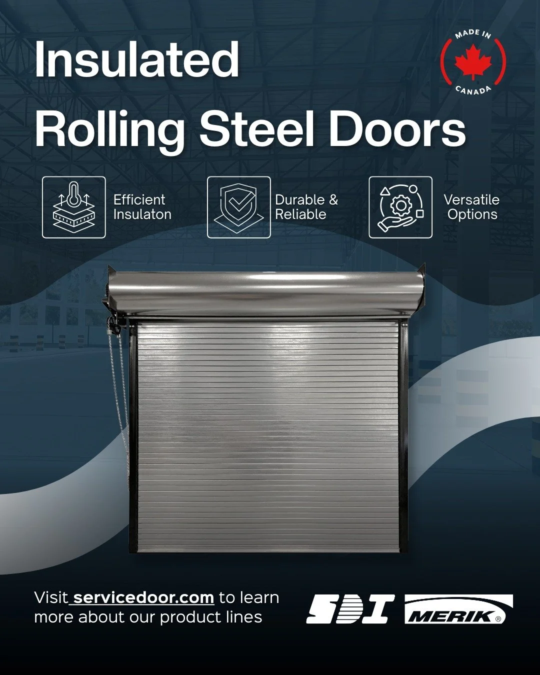 🍁 Manufactured in Canada, these doors are built for Canadian conditions. The interlocking insulated slats provide energy efficiency and complete insulating coverage. SDI is the only Canadian manufacturer of rolling steel doors.

🌡Solid insulation i