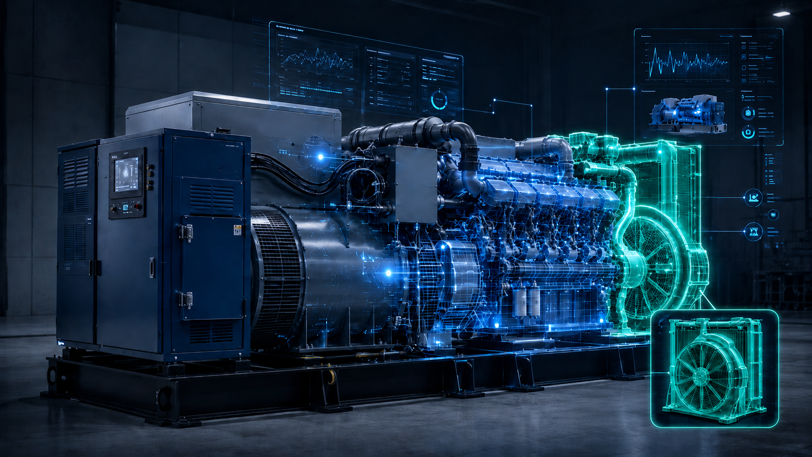 Industrial generator with cooling system isolated and highlighted for reliability analysis
