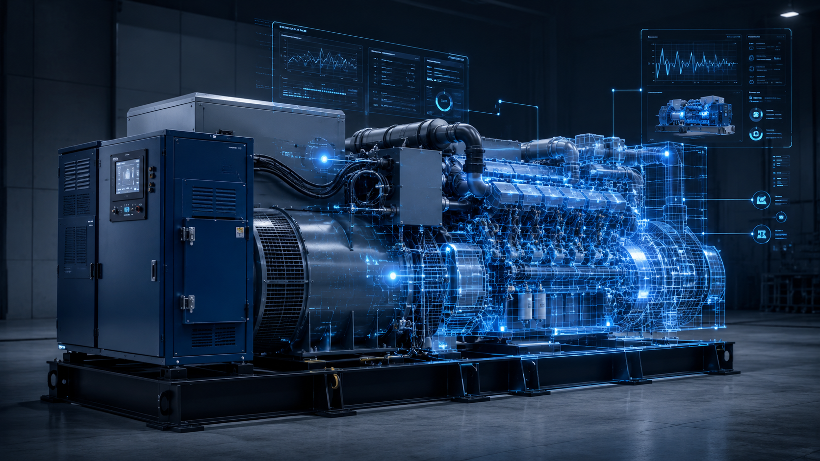 Industrial generator with digital twin overlay showing live operational data