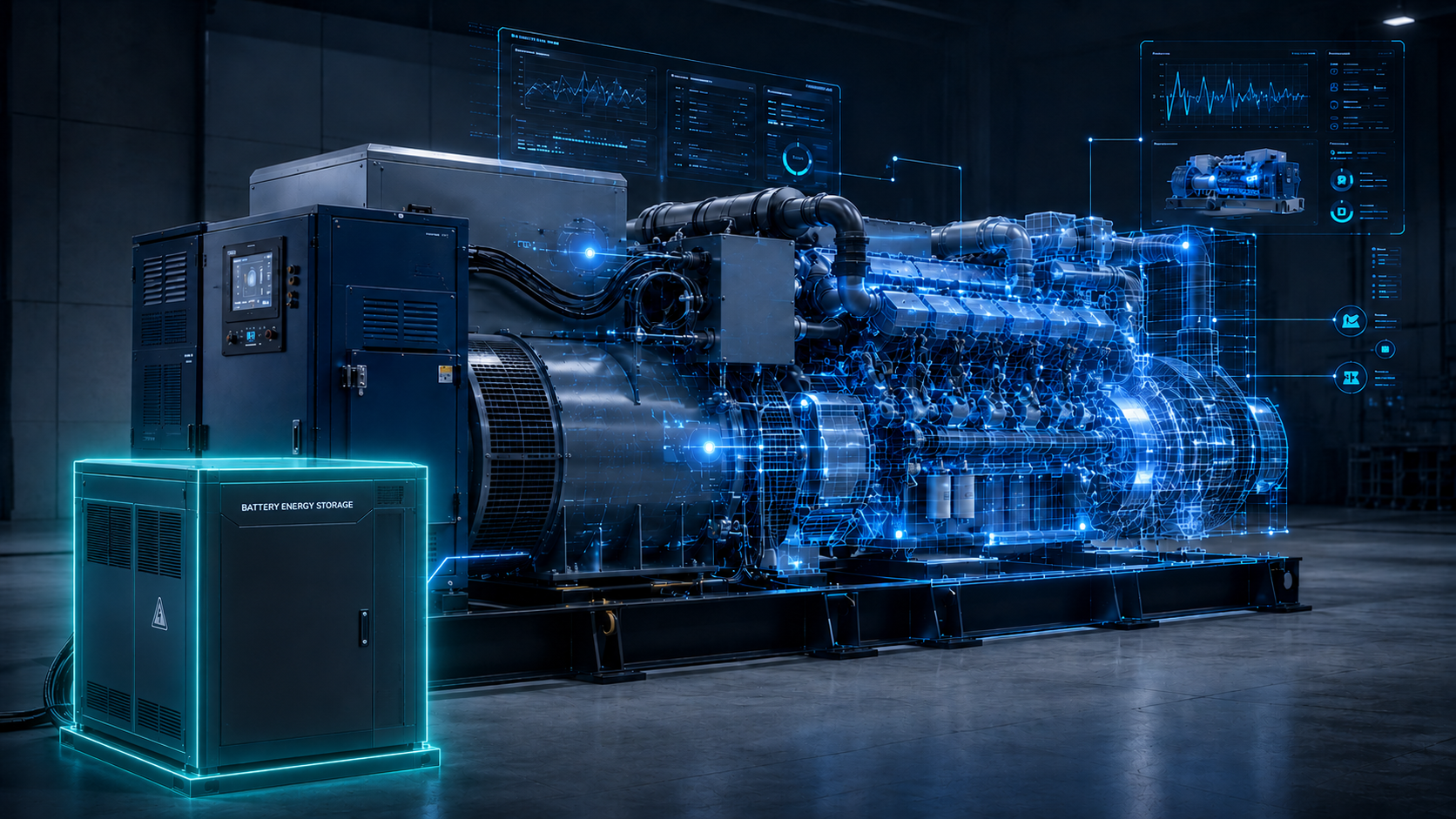 Industrial generator paired with battery energy storage, the battery unit highlighted with a teal glow indicating the monitored component