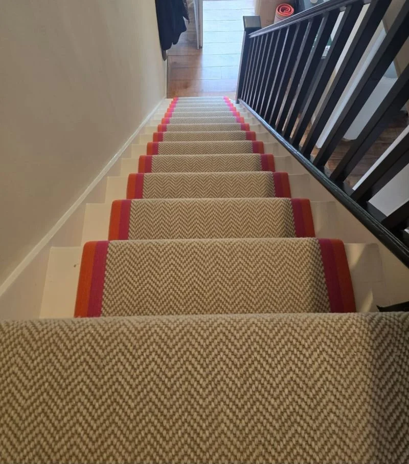 Herringbone stair runner carpet Catford binded edge tape.jpg