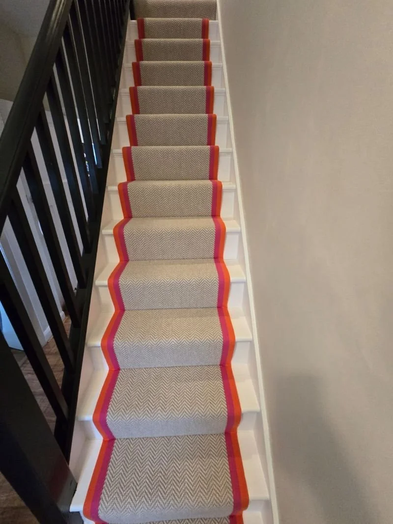 stair runner herringbone carpet with binding tape Catford.jpg