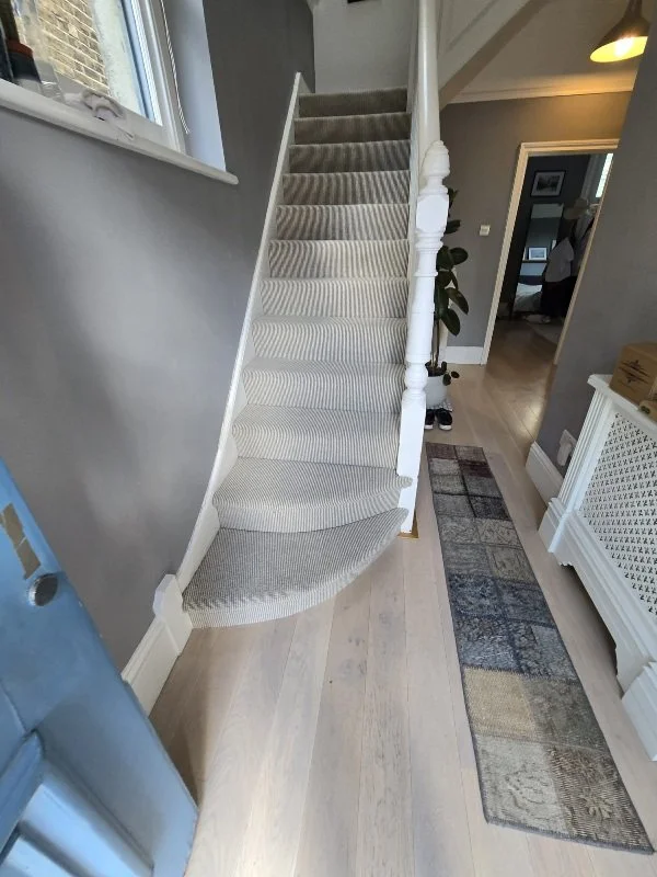 Flatweave herringbone design carpet to stairs Bromley Kent.jpg