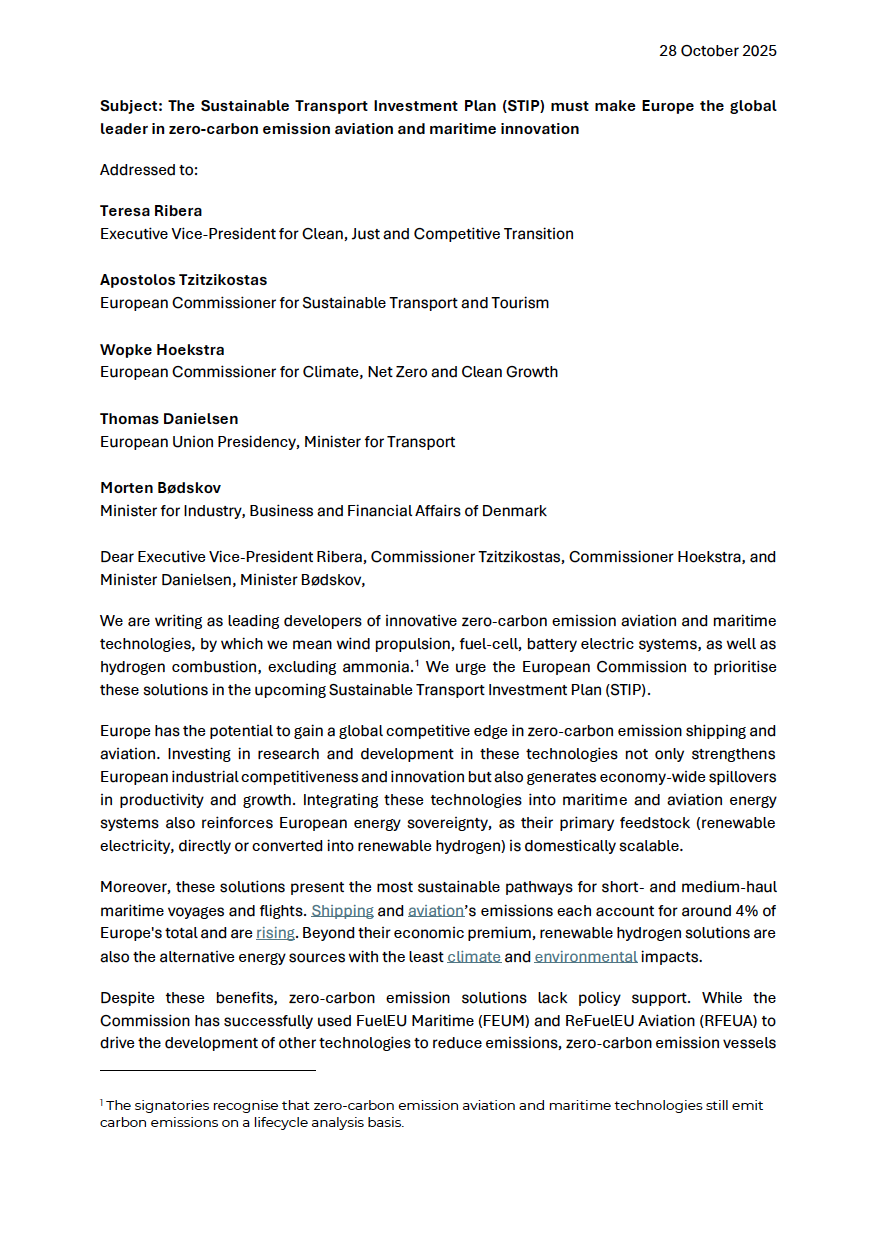 Front cover of letter from zero carbon emission plane and ship companies to EU