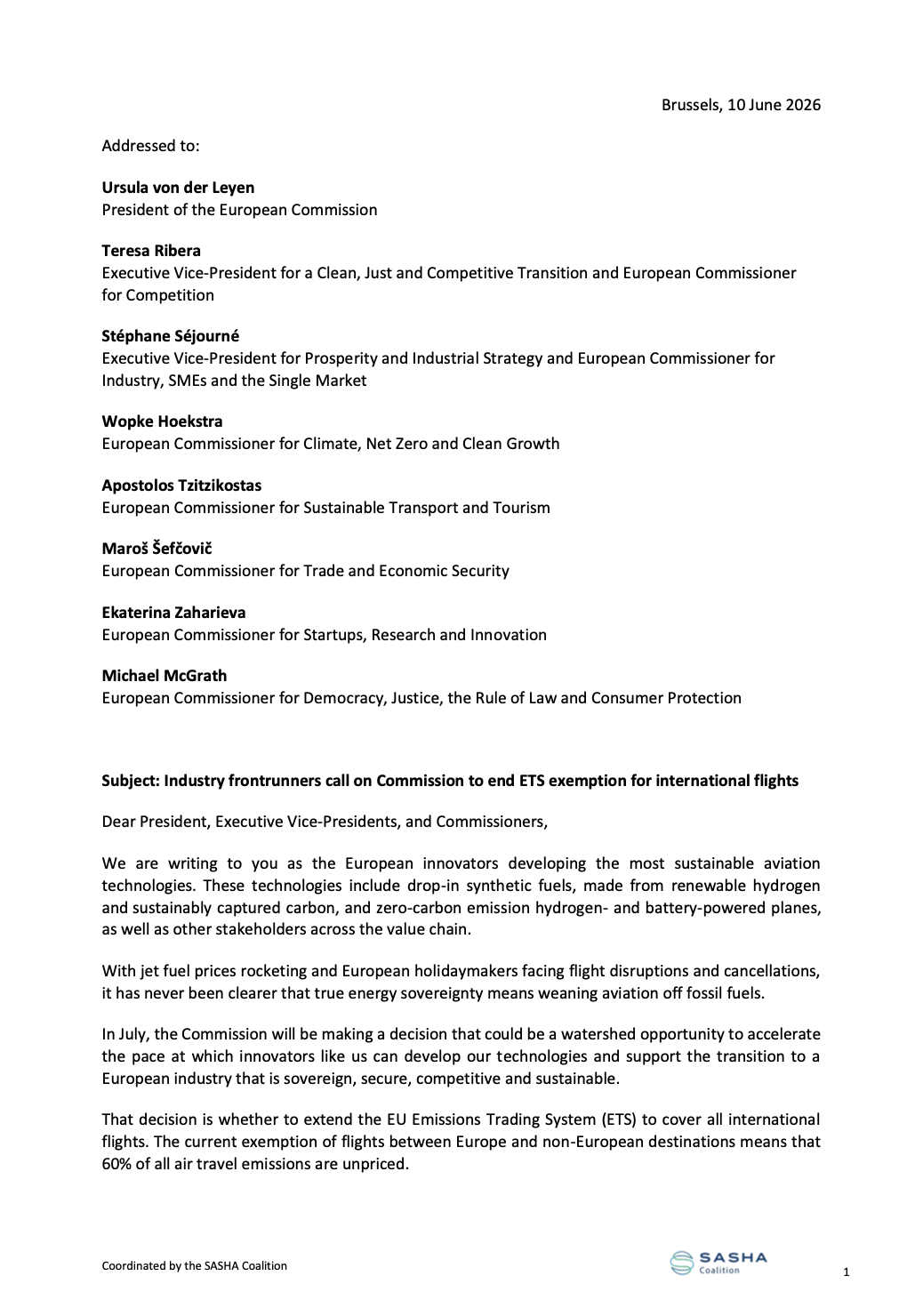 Letter to EU Commission calling to end exemption for international flights