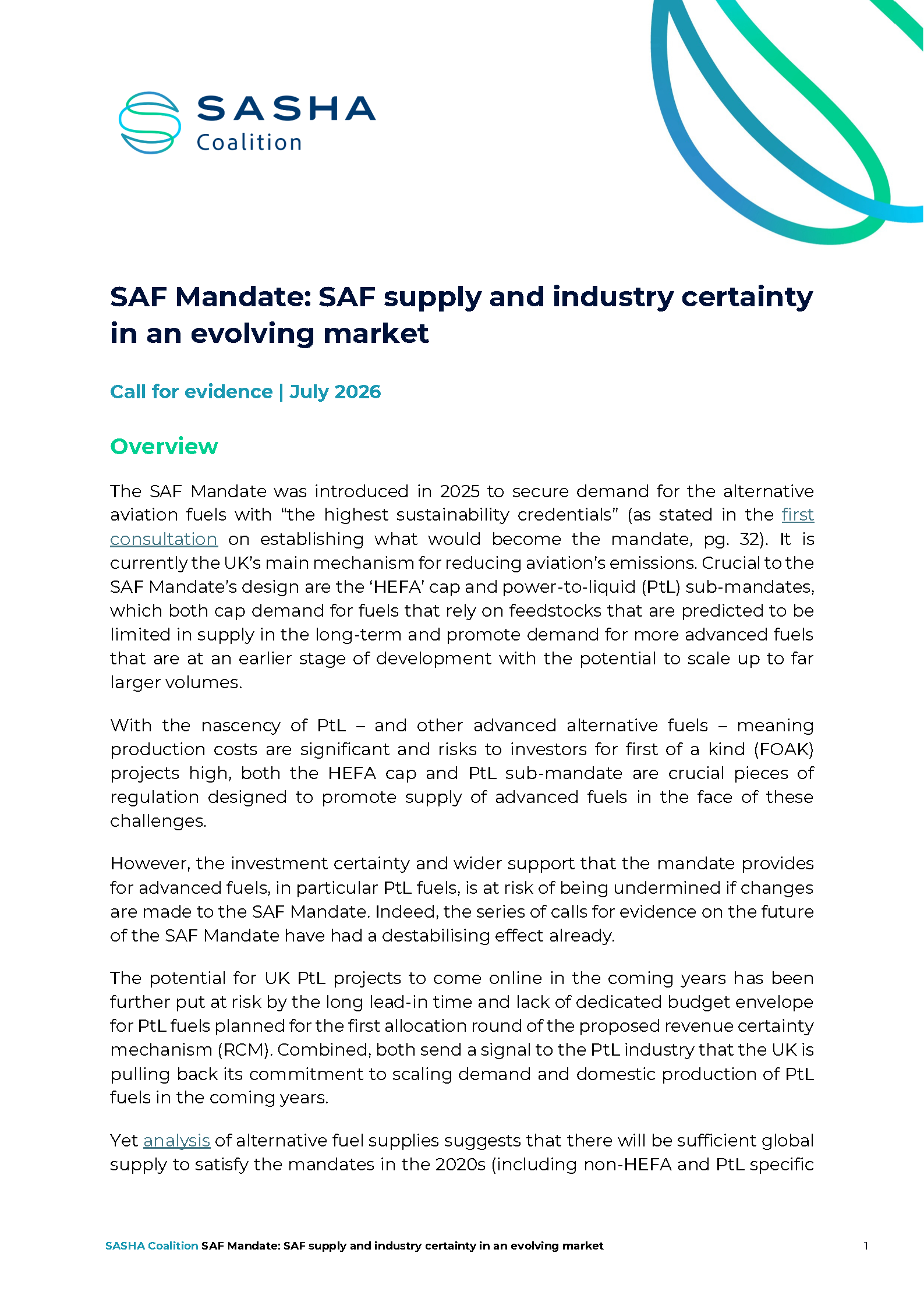 Front page of SASHA Coalition response to UK government call for evidence on the Sustainable aviation fuels (SAF) Mandate concerning e-fuels and biofuels.
