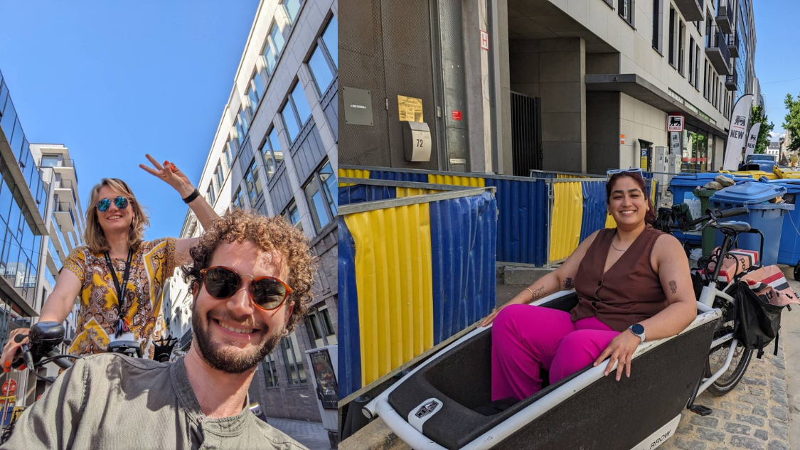 Two images. On left a man with a beard and dark glasses smiles from the front compartment of a bicycle and a woman in a yellow dress waves from behind riding the bike. On the right, a woman in pink trousers sits in the cargo bike compartment smiling.