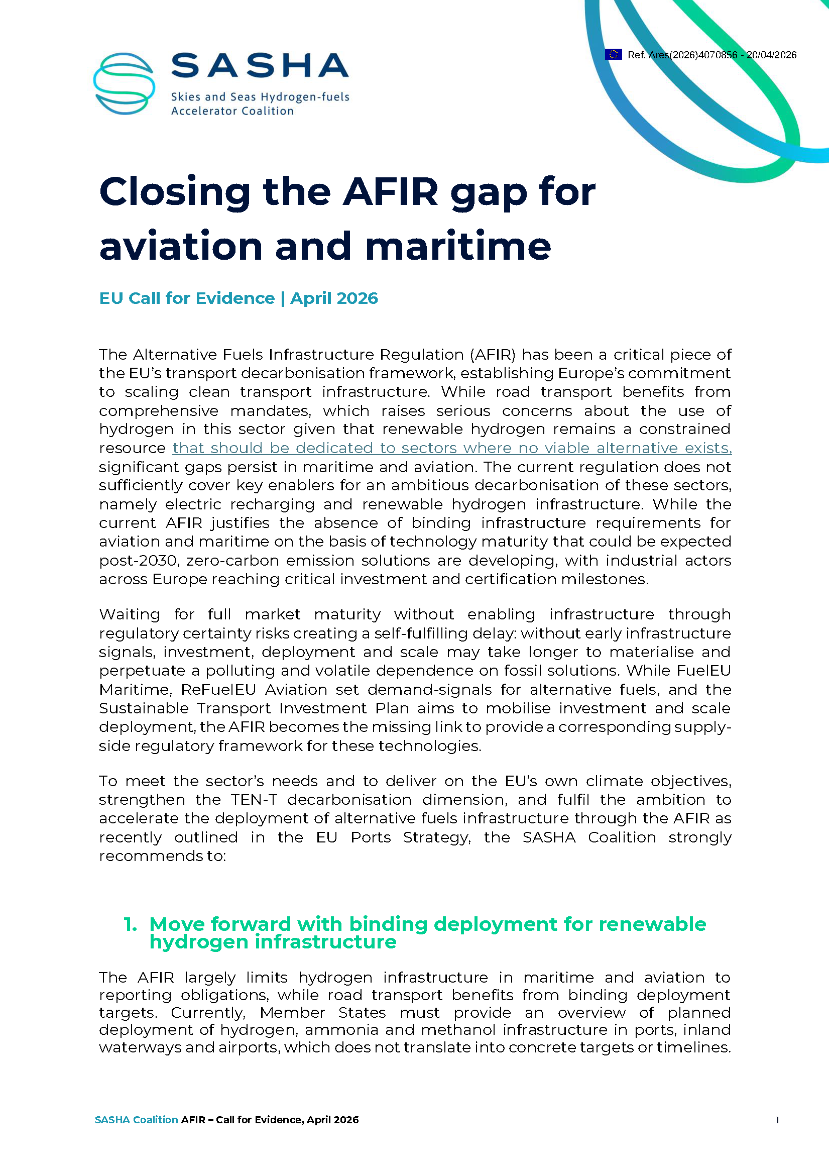 Front page of document titled "Closing the AFIR gap for EU aviation and maritime"