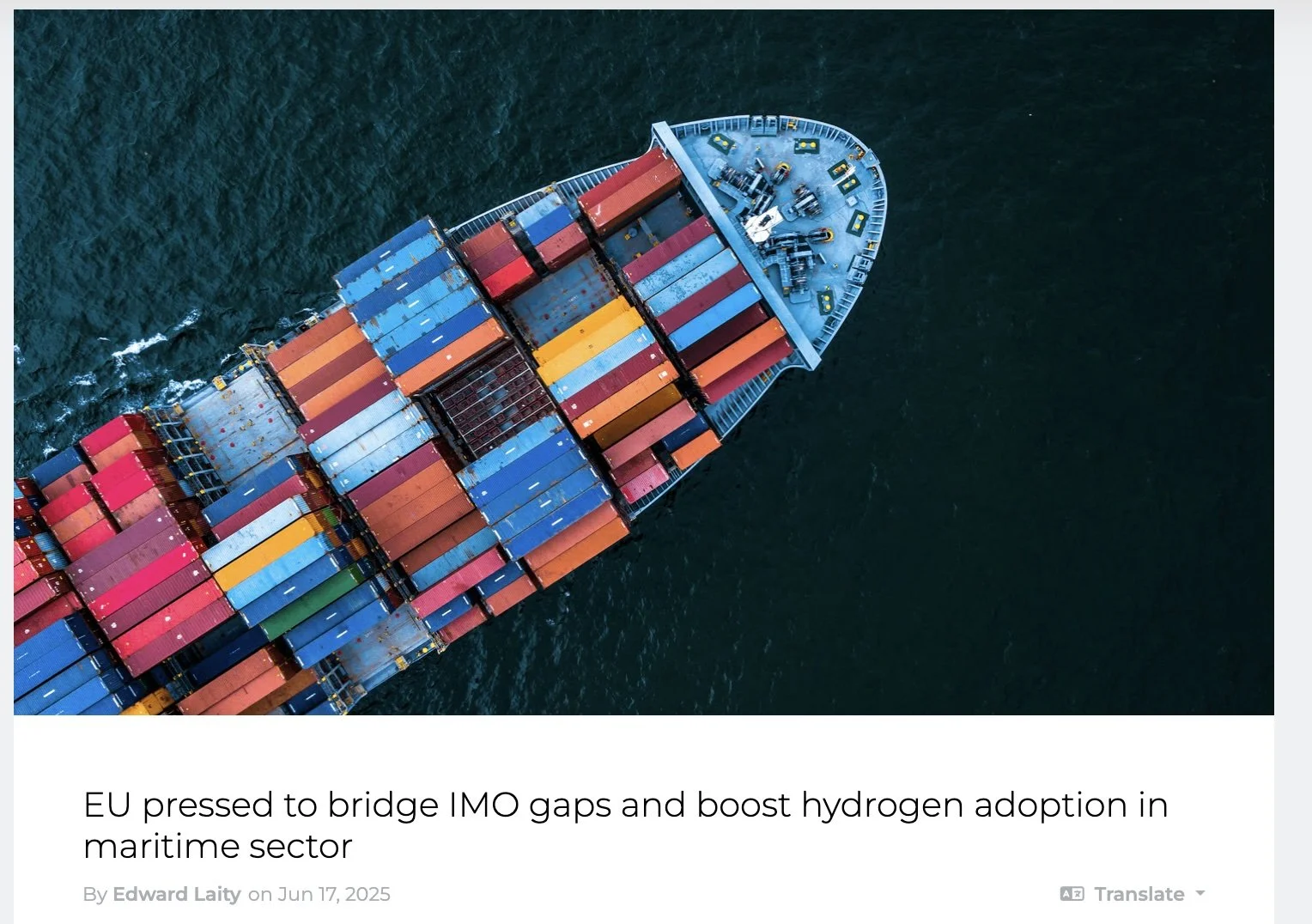 H2 View article screenshot – EU pressed to bridge IMO gaps and boost hydrogen adoption in maritime sector
