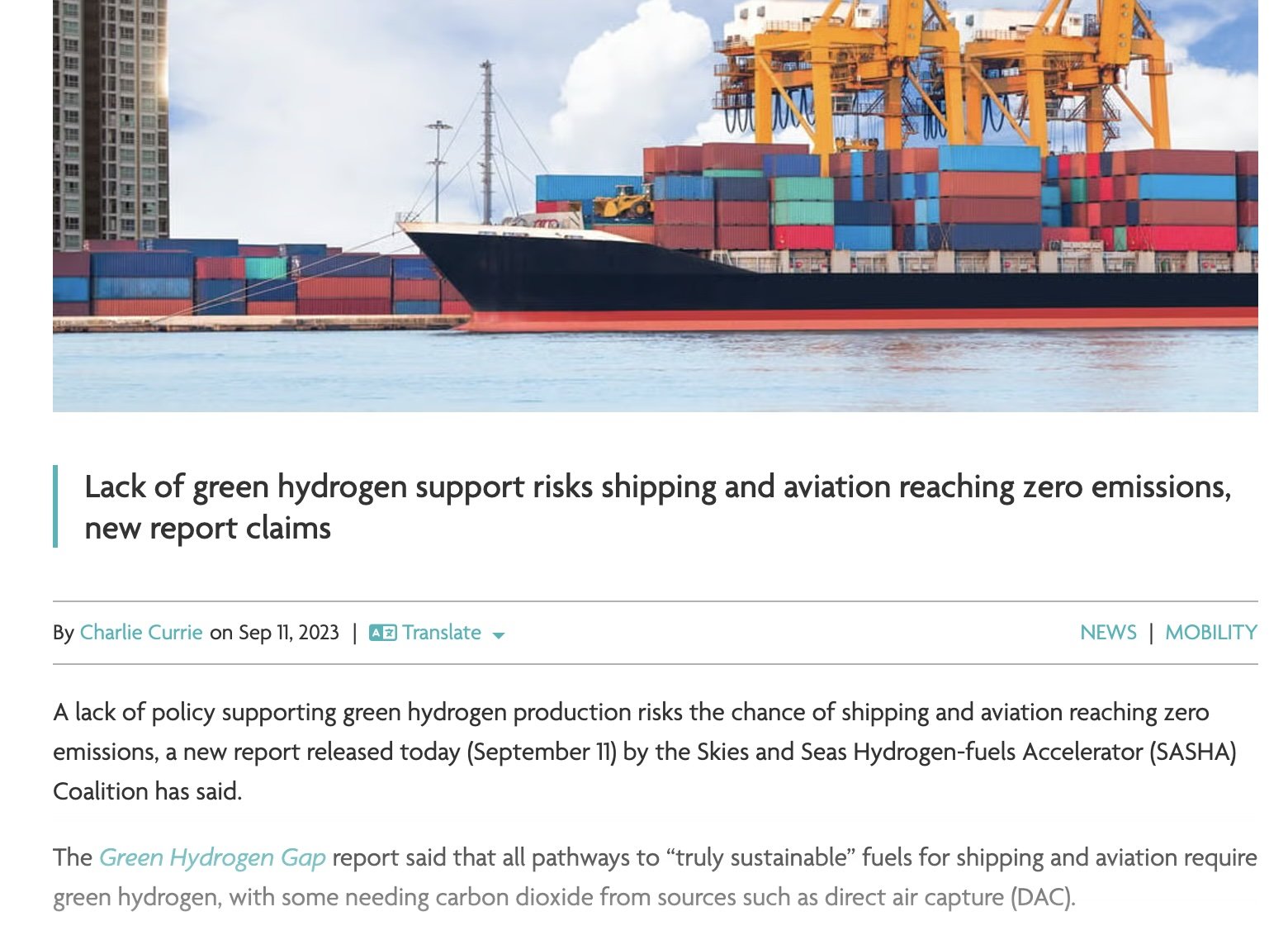 11 Sept: Coverage of the SASHA Coalition’s Green Hydrogen Gap report.