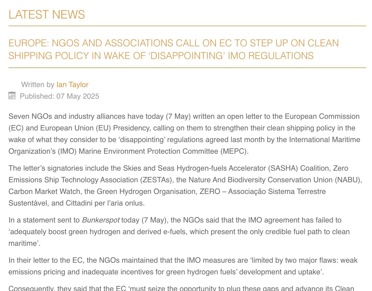 bunkerspot – EUROPE- NGOs and associations call on EC to step up on clean shipping policy in wake of ‘disappointing’ IMO regulations