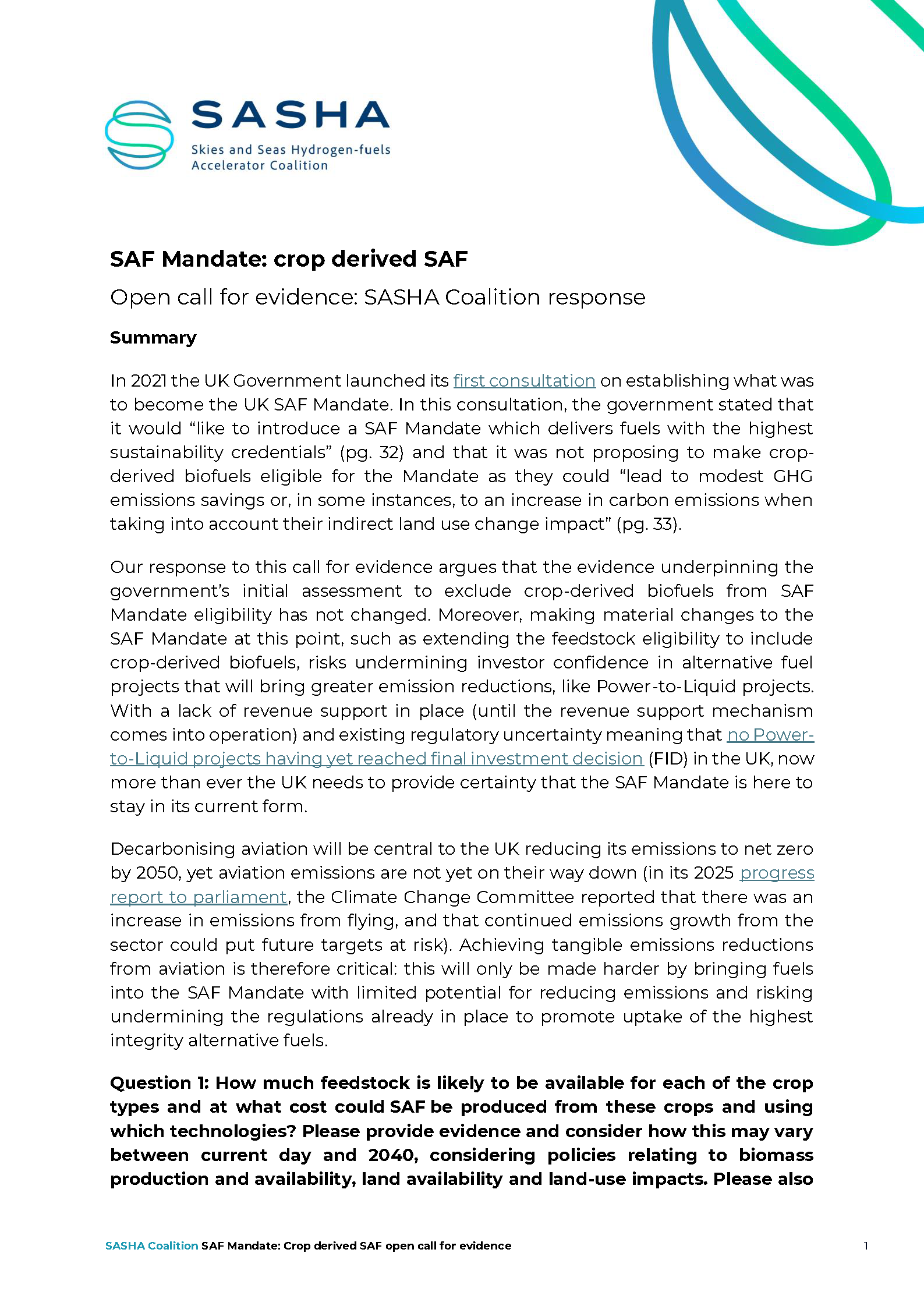 Front page of SASHA Coalition document titled "SAF Mandate: crop derived SAF. Open call for evidence: SASHA Coalition response"