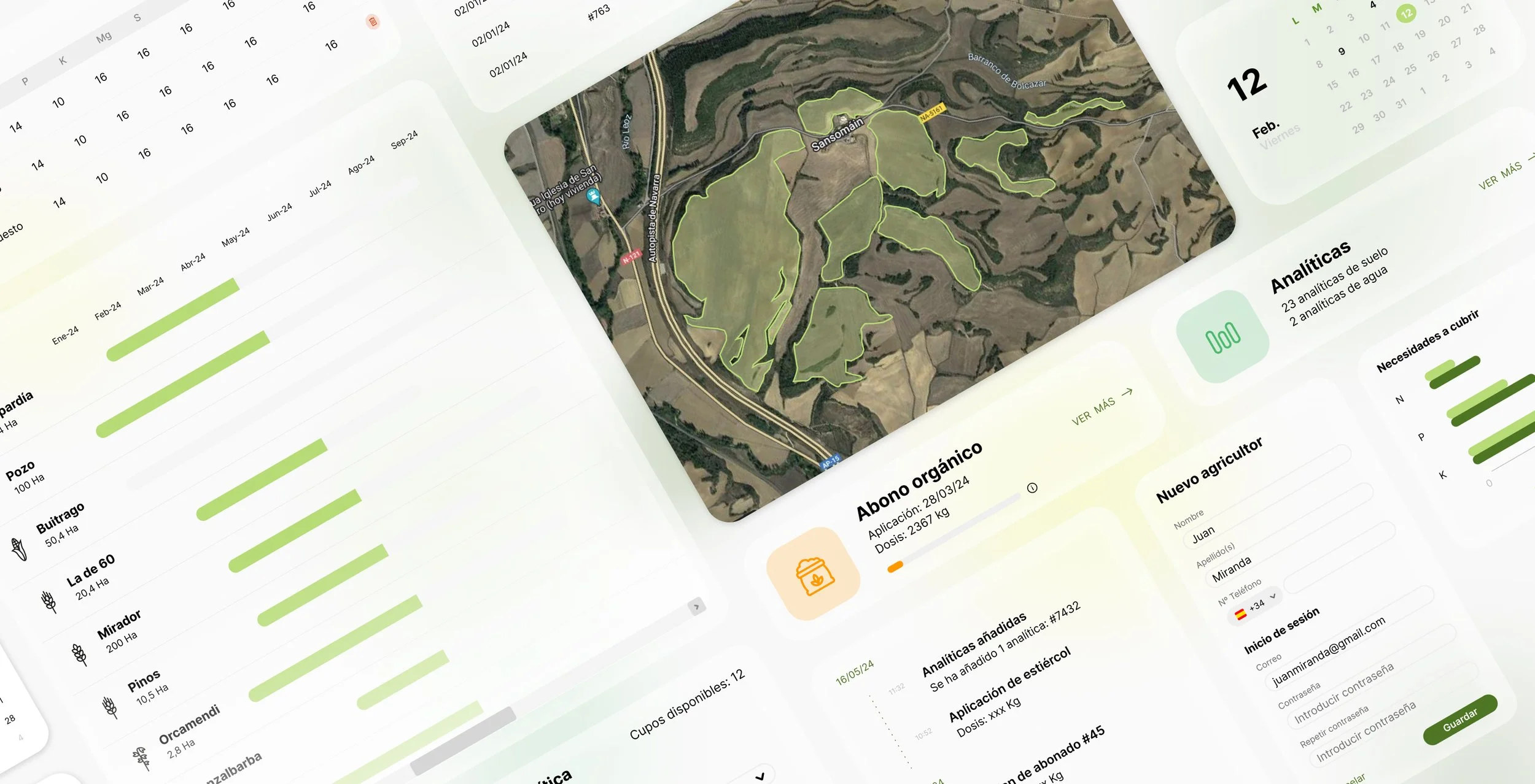 Vista de interfaz de software agrícola con gráficos, calendario, mapa satelital y formularios para gestión de cultivos y análisis de suelo.