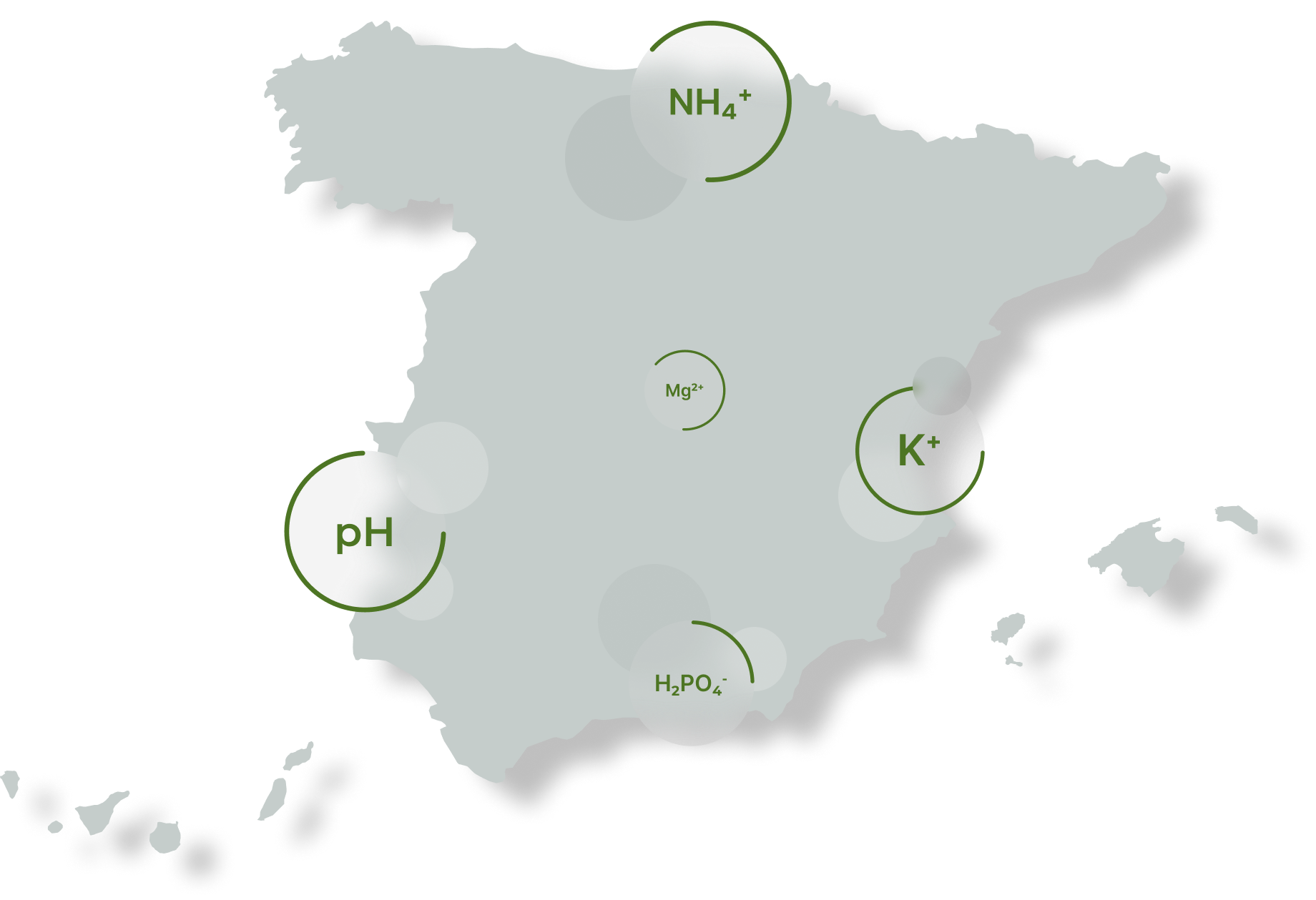 Mapa de España con símbolos químicos como NH4+, K+, Mg2+, H2PO4- y pH distribuidos en diferentes regiones.
