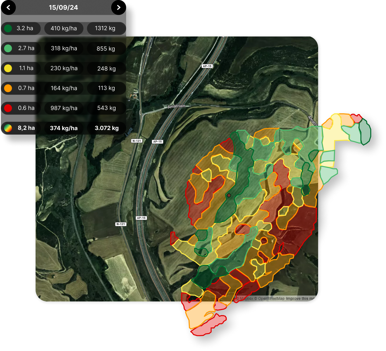 Mapa satelital de un área agrícola con secciones en colores que indican diferente rendimiento de cultivos. Incluye mediciones de hectáreas, kg/ha y kg totales. Los colores varían de verde a rojo, simbolizando variaciones en la producción. Vías y carreteras están visibles en el mapa.