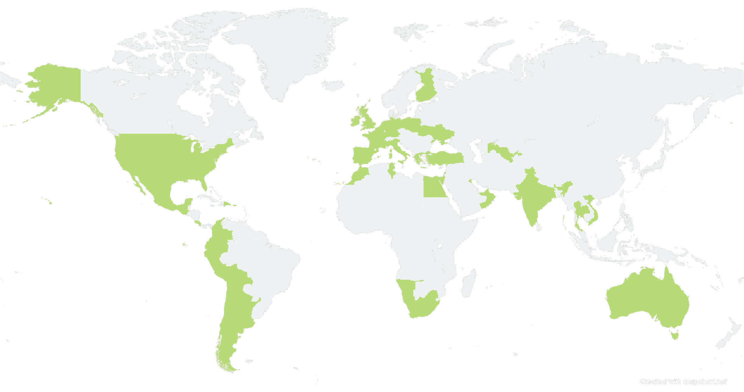 Mapa mundial con varios países resaltados en verde, incluyendo Estados Unidos, México, Brasil, Argentina, Australia, India, y otros en Europa, África y Asia. El fondo es negro con áreas no resaltadas en blanco.