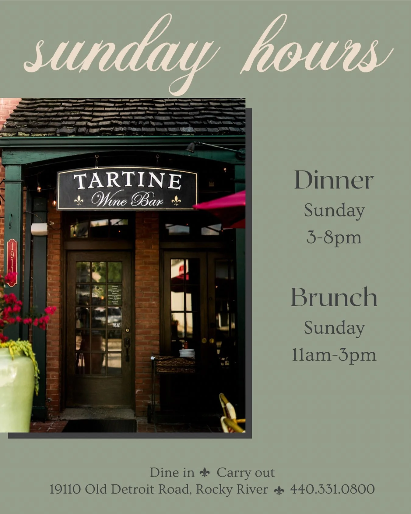 Sundays just got a little tastier! 

We&rsquo;re excited to announce that Tartine is now open for dinner on Sundays! 🥂🍽️

Join us every Sunday from 11am-8pm:
🍳 Brunch: 11 am&ndash;3 pm
🍷 Dinner: 3 pm&ndash;8 pm

Make Tartine part of your Sunday p