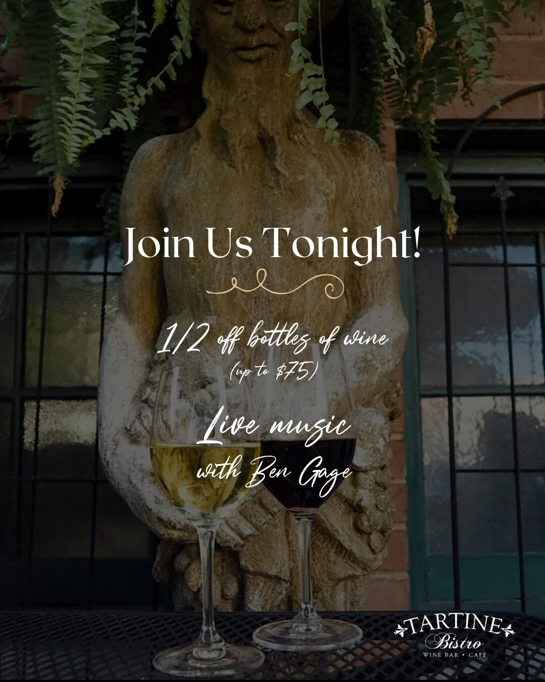 We have to soak up these gorgeous summer evenings while we can! ☀️🍷

What better way to enjoy one than with Wine Wednesday at Tartine? Join us for half-off bottles of wine from 5&ndash;9pm and live music from Ben Gage from 6:30&ndash;8:30pm. 🎶

Goo