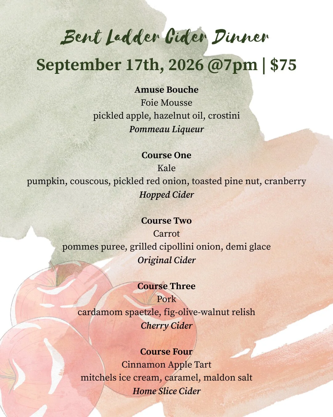 Join us at Tartine Bistro for an exclusive, autumn-inspired Cider Dinner featuring our friends from Bent Ladder Cidery at Rittman Orchards in Doylestown, Ohio!

Thursday, September 17th | 7:00 PM | $75 per person

The food courses have been thoughtfu