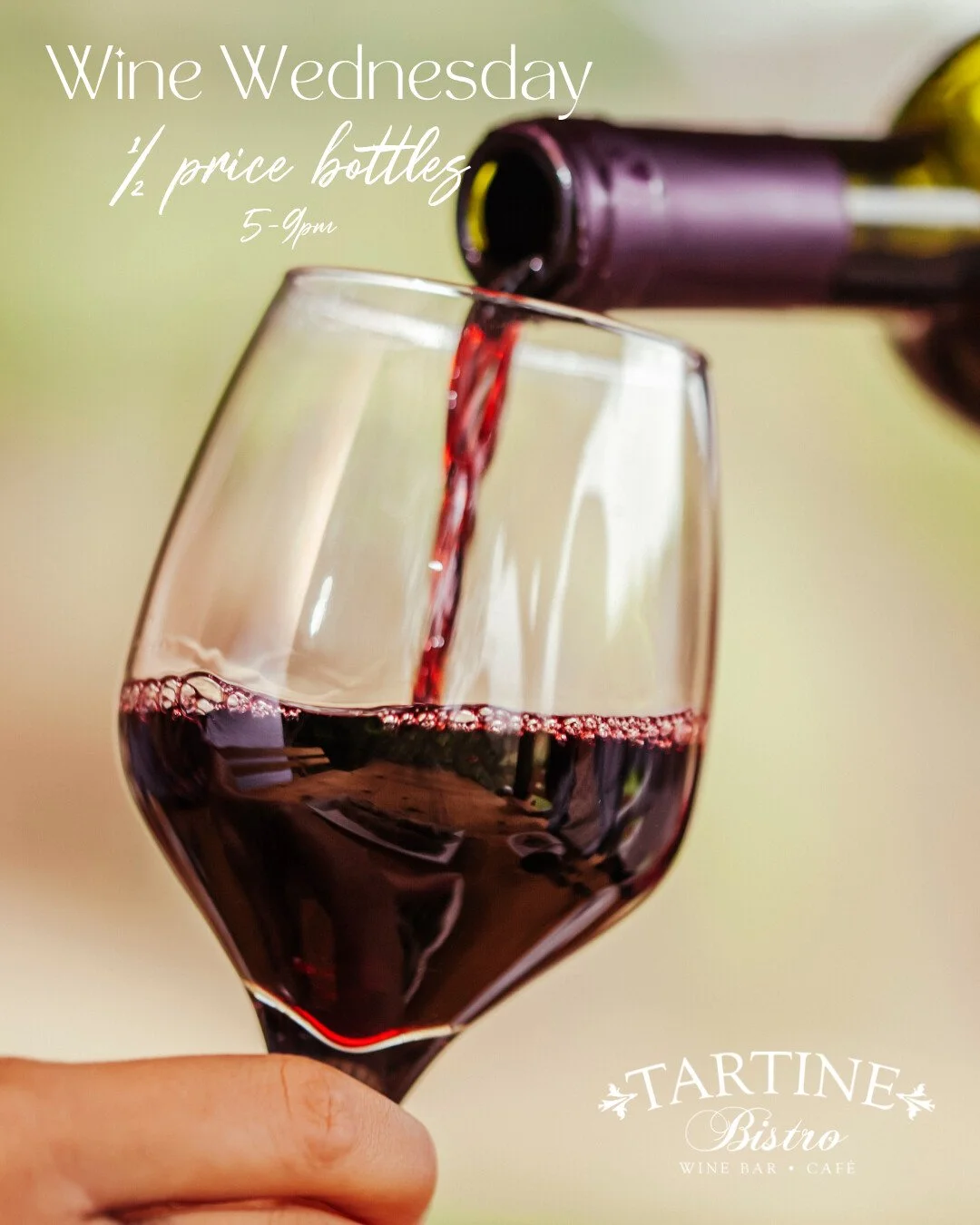 Wine Wednesday 🍷 Join us from 5&ndash;9pm for half-price bottles of wine up to $75! 
Not sure what to order? Ask our team for a recommendation or the perfect pairing for your meal. We&rsquo;ll point you in the right direction!