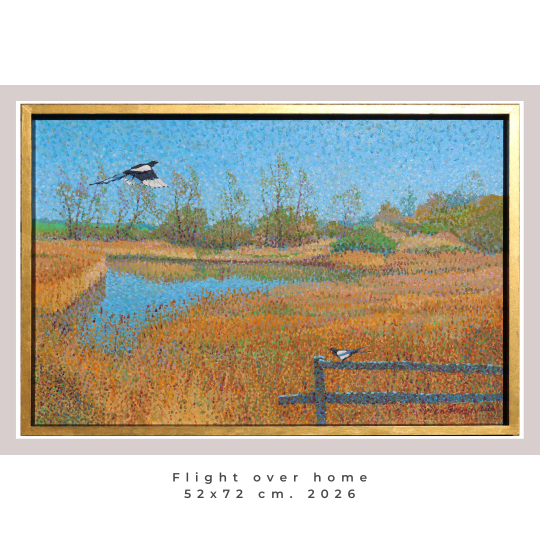 Painting of a natural landscape with a small pond, grasses, and trees in the background, featuring a bird flying above and another perched on a fence, titled "Flight over home."
