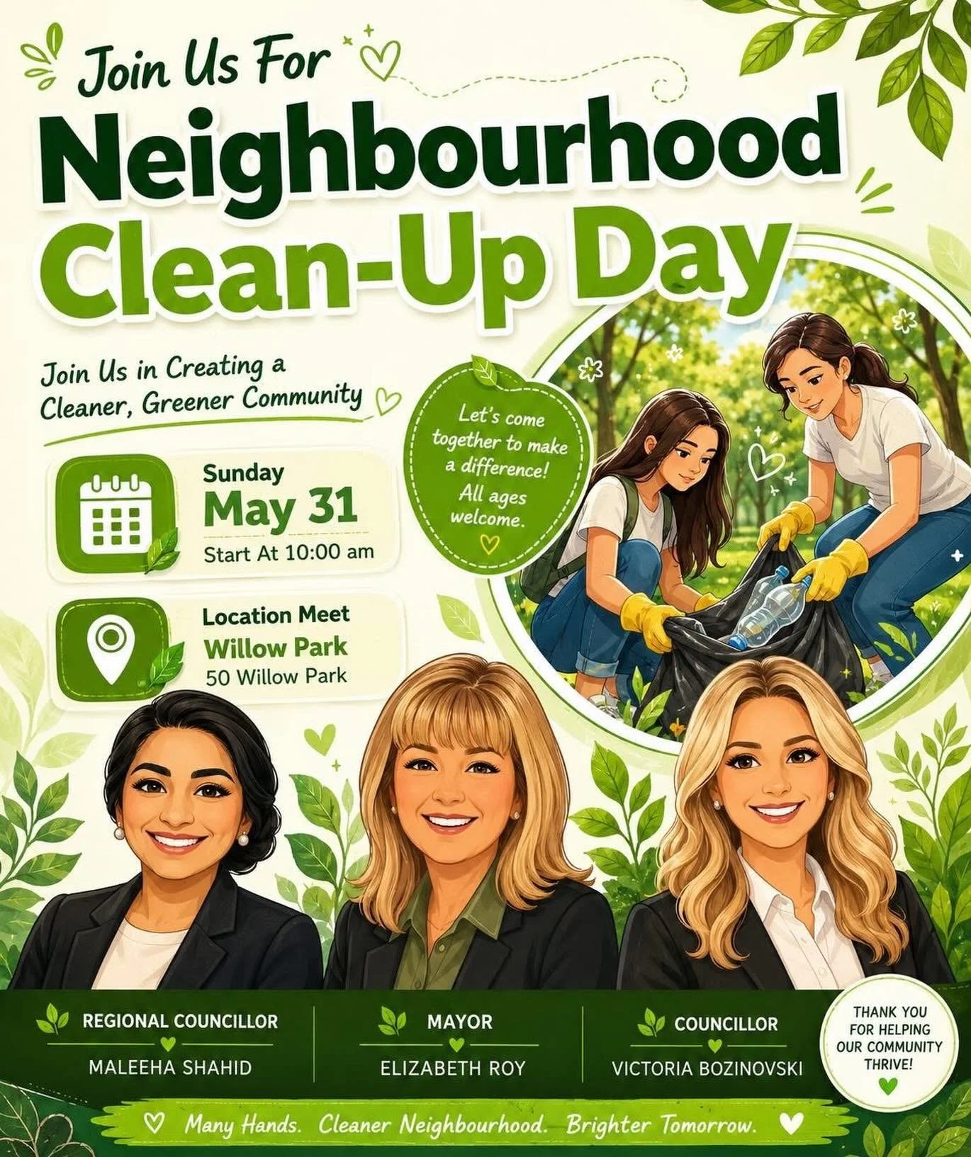 🌿 I&rsquo;ll be joining the Community Clean-Up today May 31 at Willow Park at 10 am! If you have a few spare minutes, I&rsquo;d love for you to join us.

Together we can help keep our neighbourhood clean, beautiful, and welcoming for everyone. Hope 