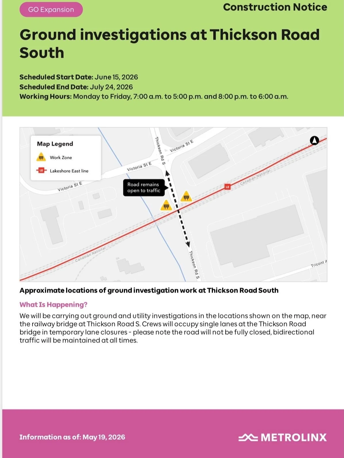 🚧 Construction Notice &ndash; Thickson Road South (GO Expansion Project) 🚧

Residents are advised of upcoming ground and utility investigation work near the railway bridge at Thickson Road South as part of the ongoing GO Expansion Project.

📅 Cons