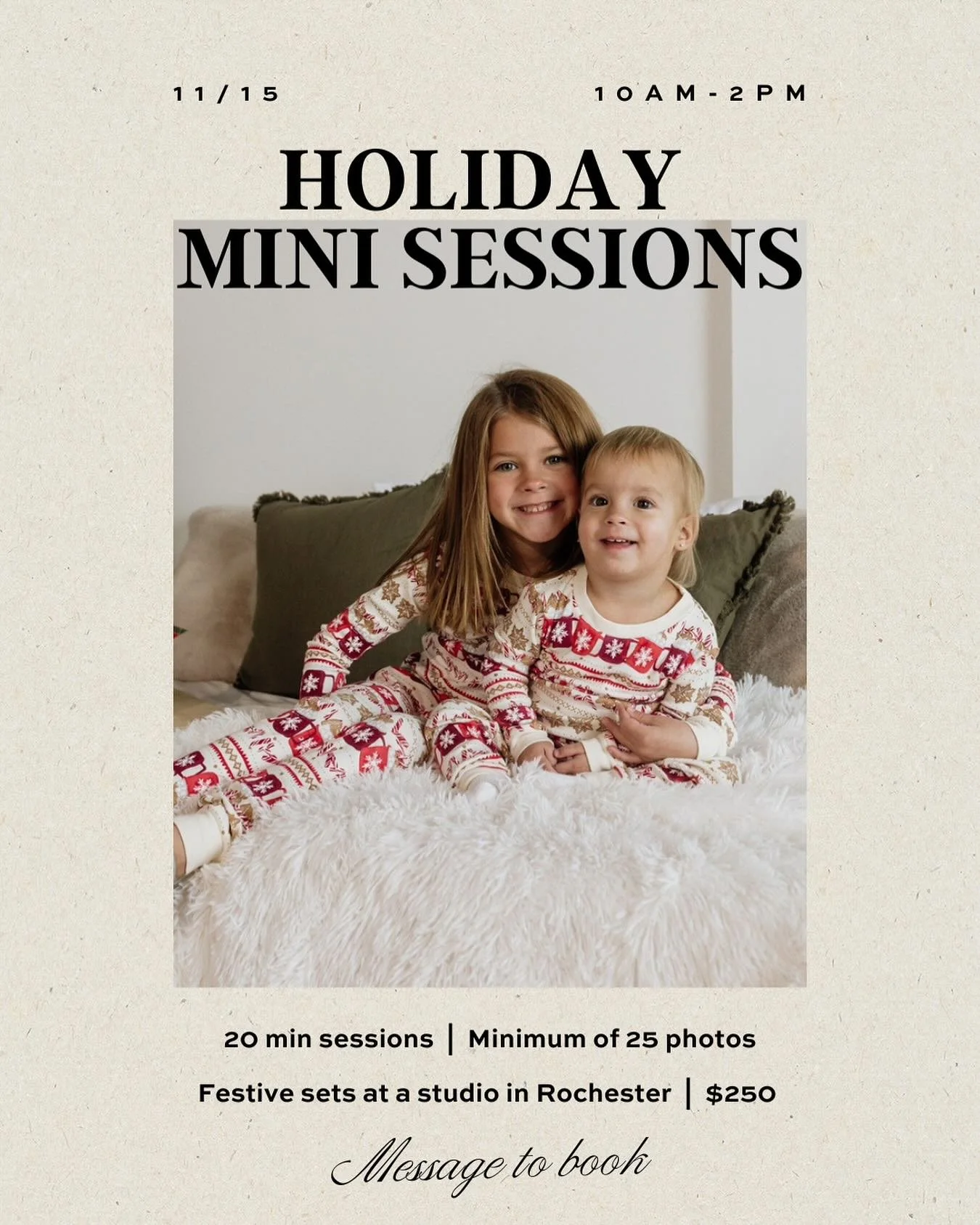 Now announcing this year&rsquo;s Holiday Mini Day!!

Hosted at my favorite studio in Downtown Rochester but with different sets from last year! I&rsquo;ll have @xtinahunt to provide you with video content, as well as to help with kiddos or anything w