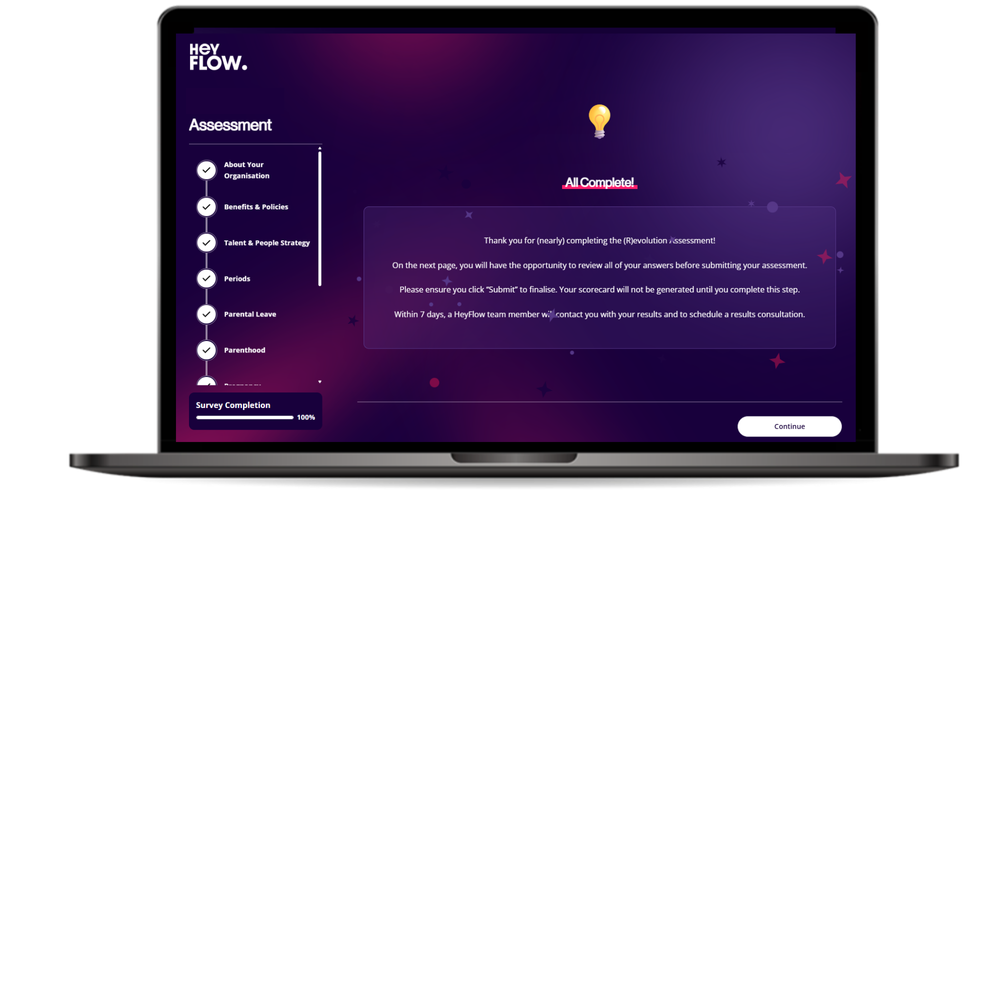 The HeyFlow assessment shown on a laptop, on its All Complete screen
