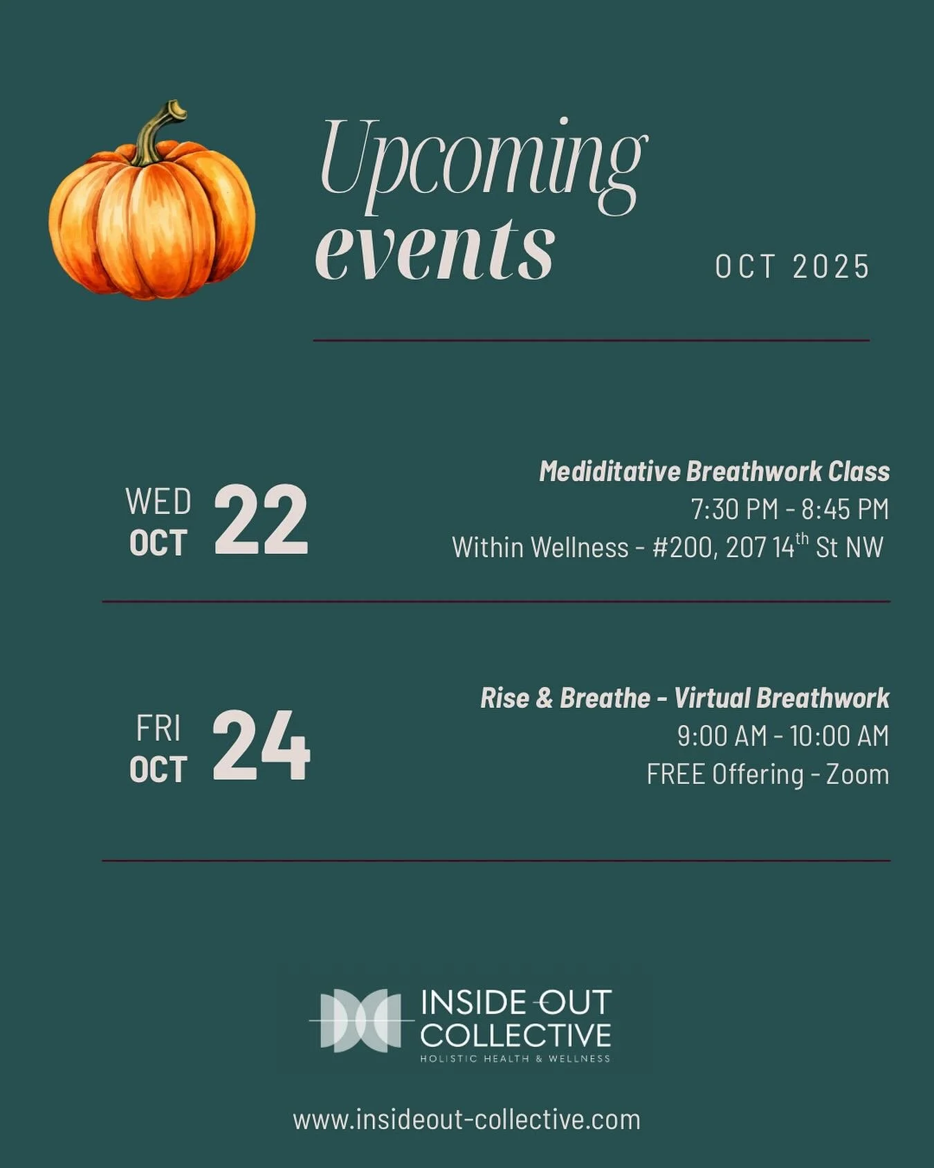 🎃 October Events

Registration can be found in link in bio or on our website at www.insideout-collective.com

Hope to see you there 🤗