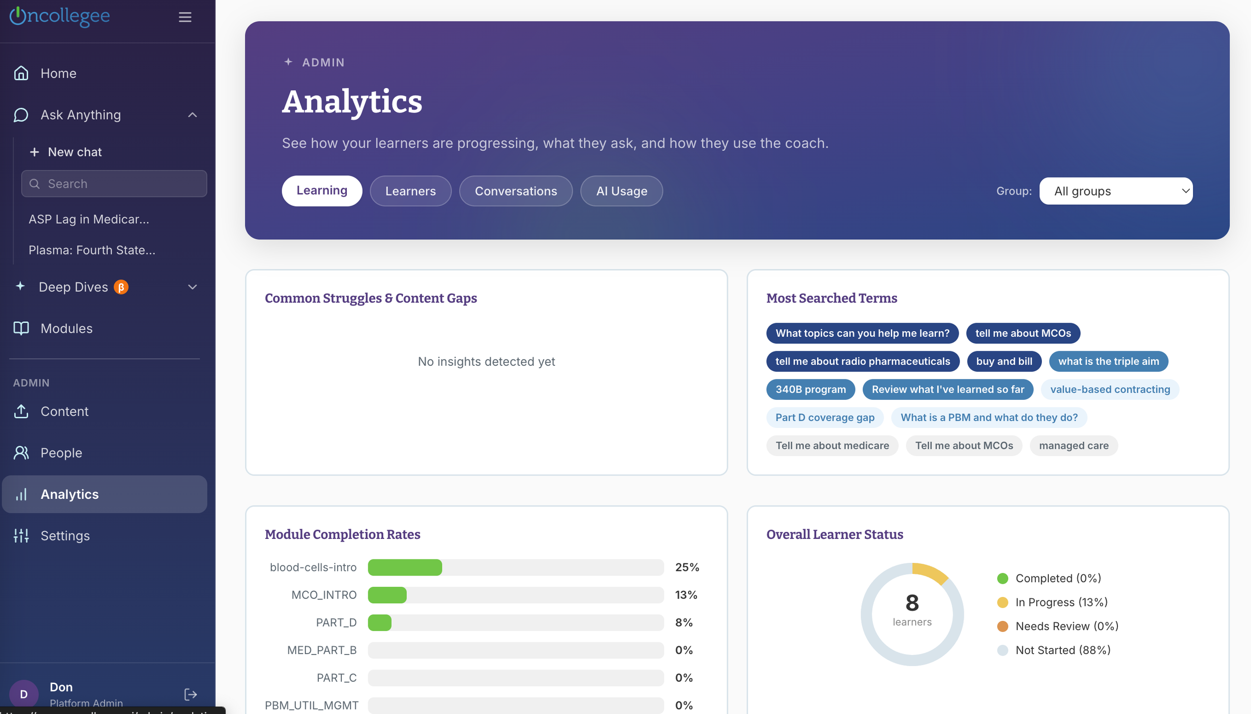 Admins get analytics across teams and groups: progress, assessment scores, and what learners are actually asking the coach.