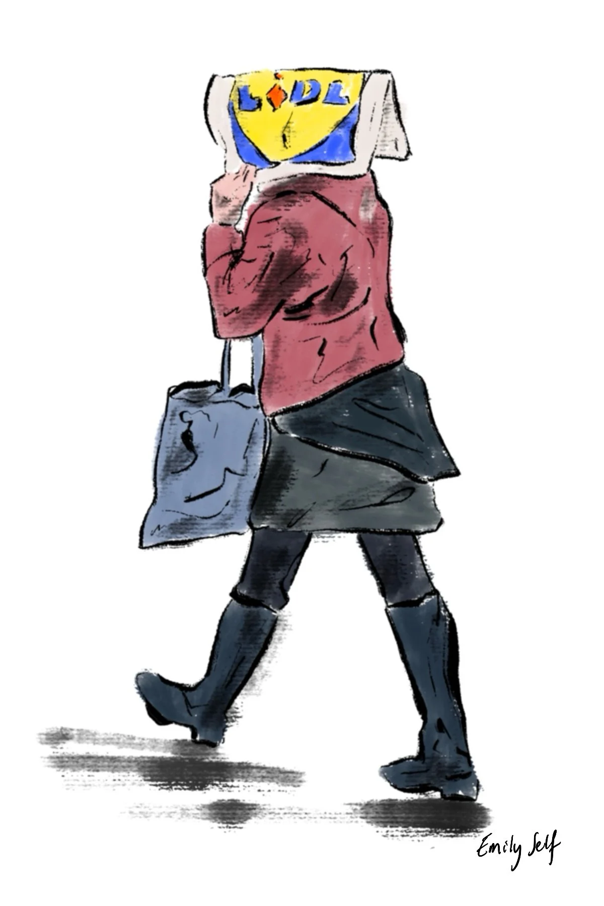 Woman covering head with Lidl bag Illustration