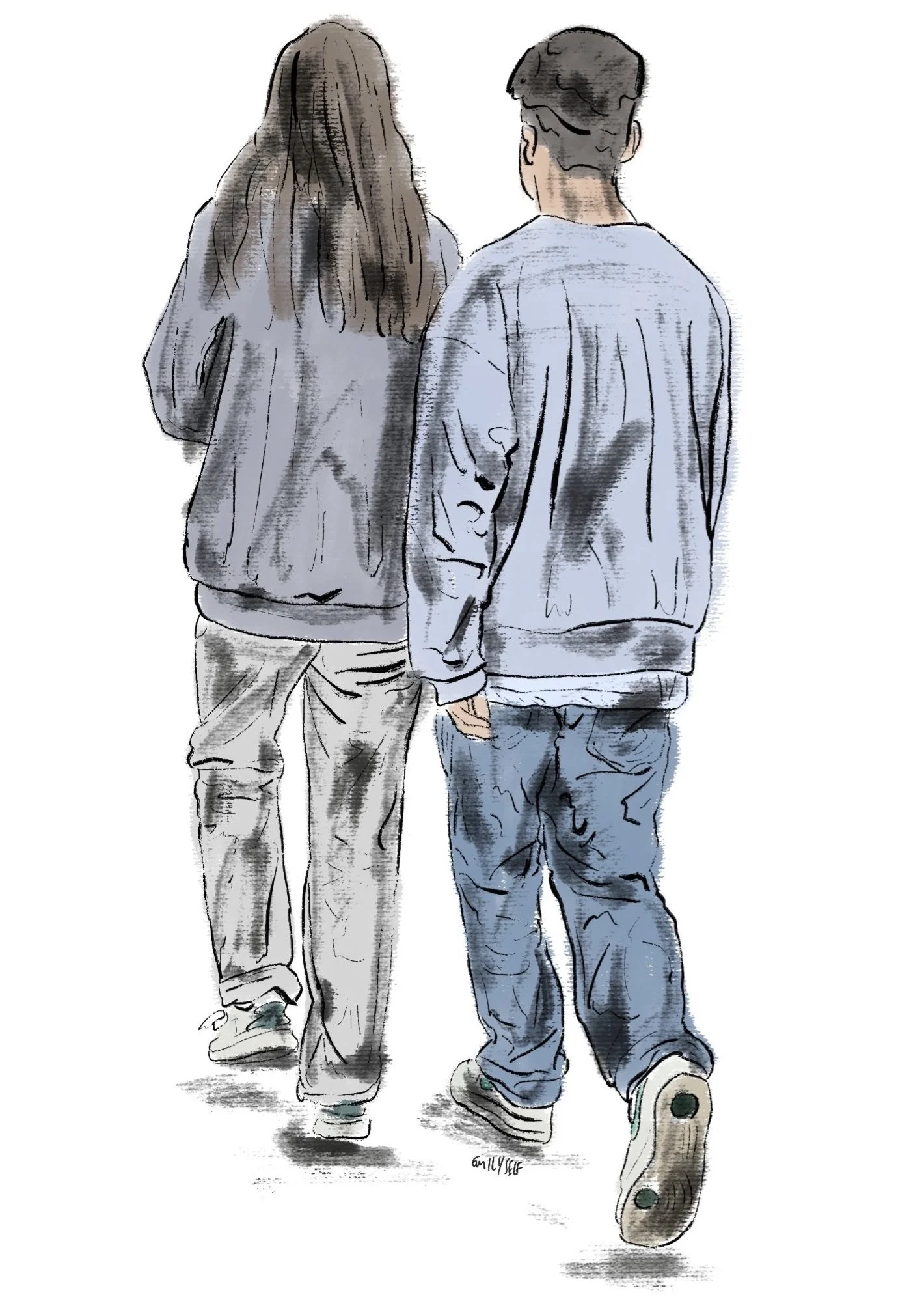 Couple in grey ink illustration