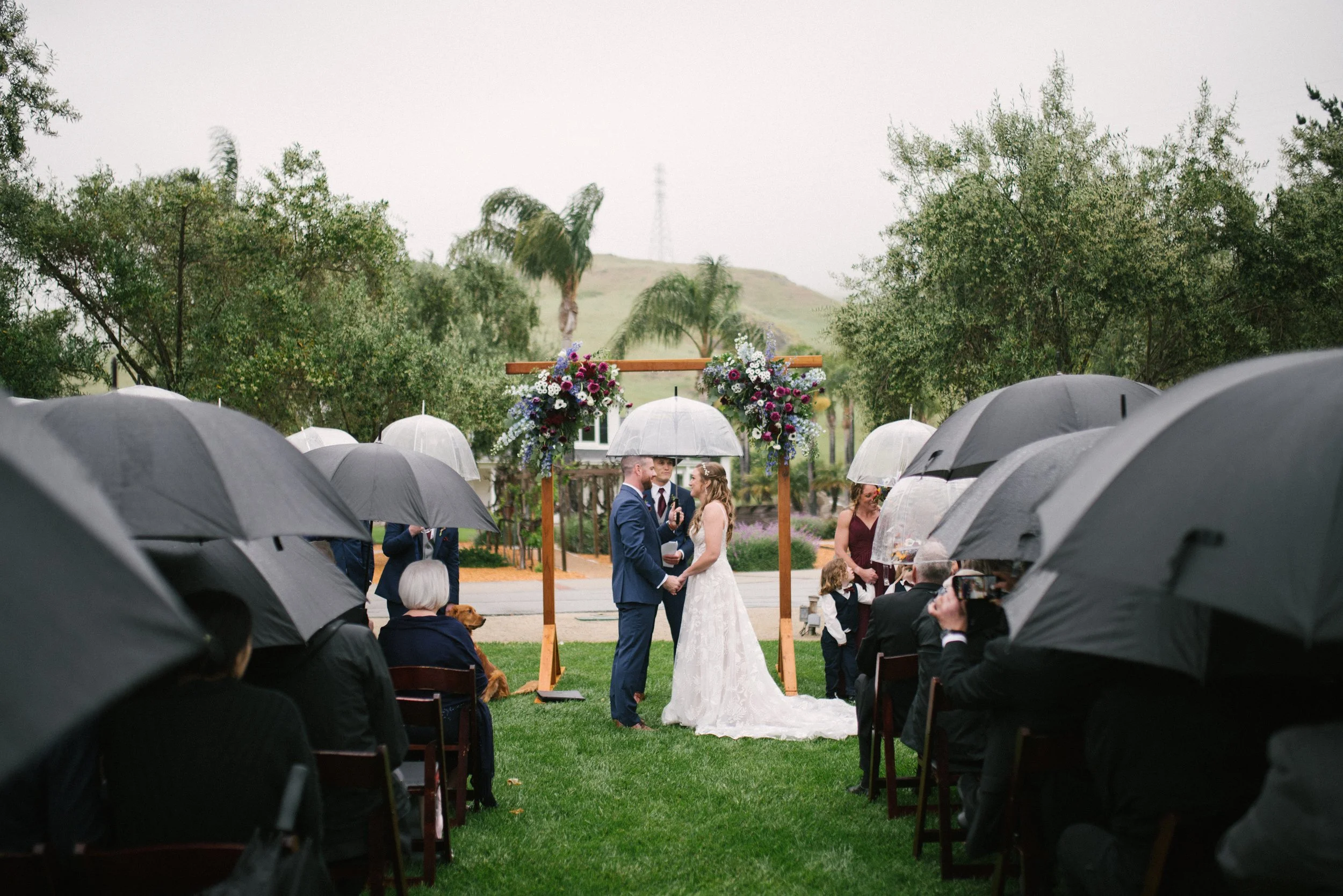 Wedding ceremony outdoors on rainy day with umbrellas, a couple exchanging vows under a decorated arch, surrounded by seated guests with umbrellas, lush green trees, and a hill in the background.