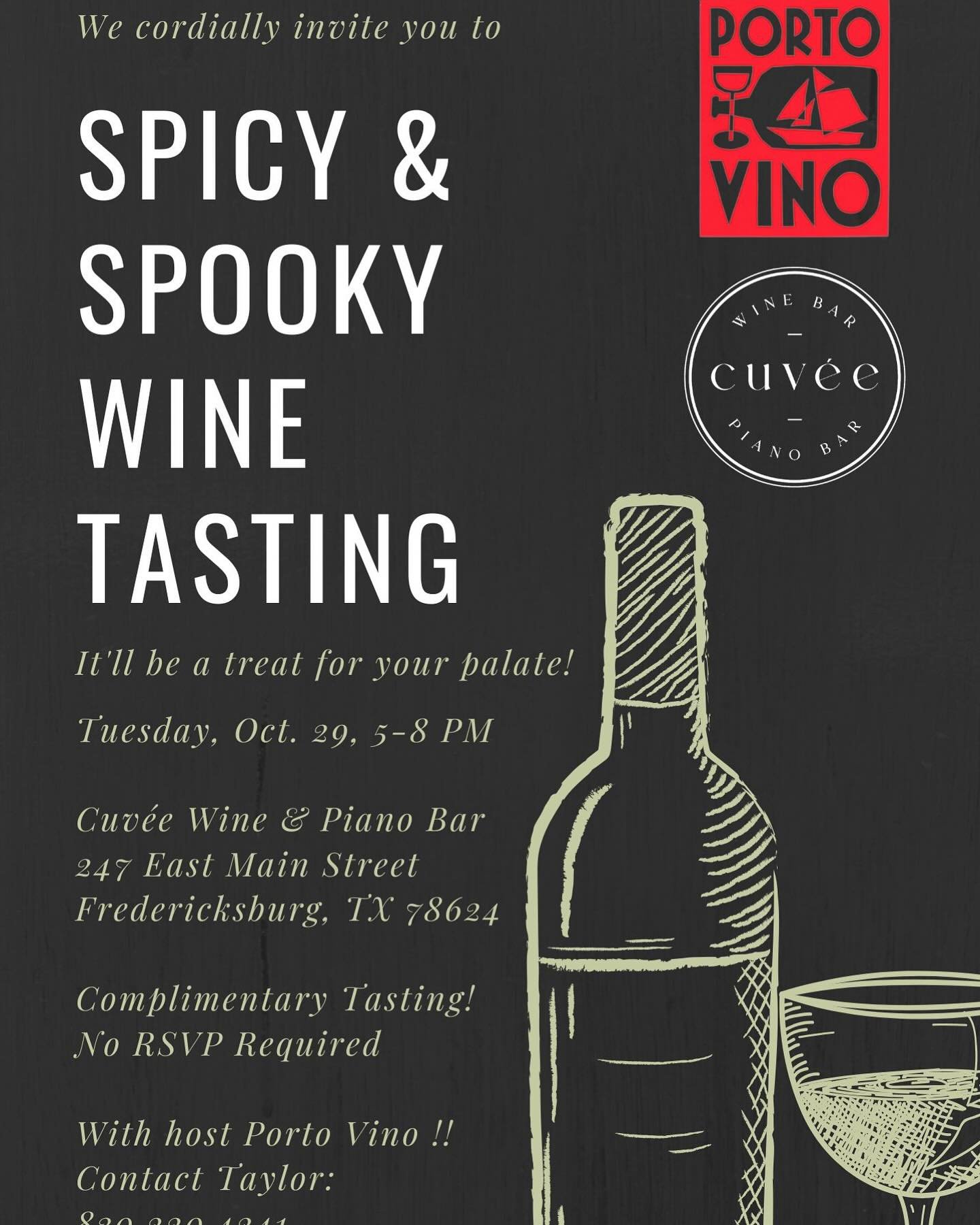 our next wine tasting event!!! (free 😎) don&rsquo;t miss this! 👍🏻🍷

🗓️ TUESDAY, OCT 29th

⏰ 5:00 - 8:00 PM

📍Cuv&eacute;e Wine &amp; Piano Bar, Fredericksburg TX

@portovino_imports 
@favoritebrands