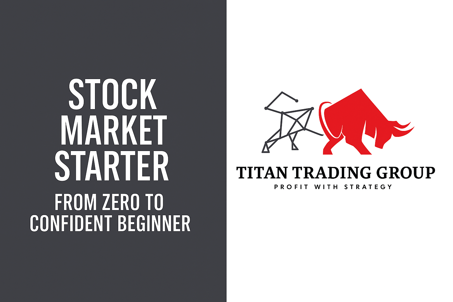 Cover image of a stock market starter guide, featuring the Titan Trading Group logo with a red bull and a geometric bear, stating 'Profit with Strategy'.