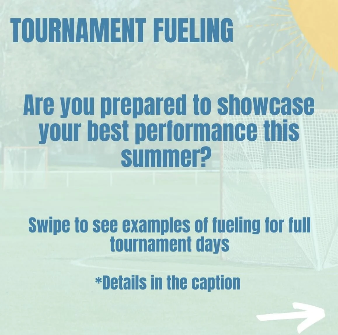 Gearing up for a full summer tournament day? ☀️
You pack your game bag, make sure you pack your food bag too! 

⏰Pre game 2-4hours before game time : 
1/2 carbs, 1/4 veggies and 1/4 protein. You are fueling with energy for the day ahead. 

🔋15 minut