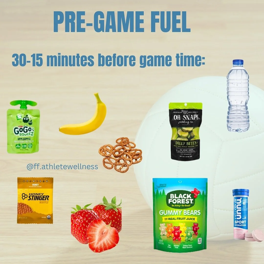 What to eat before a game? 

Here are some ideas! 

15-30minutes before training or game should be focused on giving your body available energy aka simple carbohydrates. These carbs/sugars will digest and be used quick ⚡️

Allow your meals to help yo