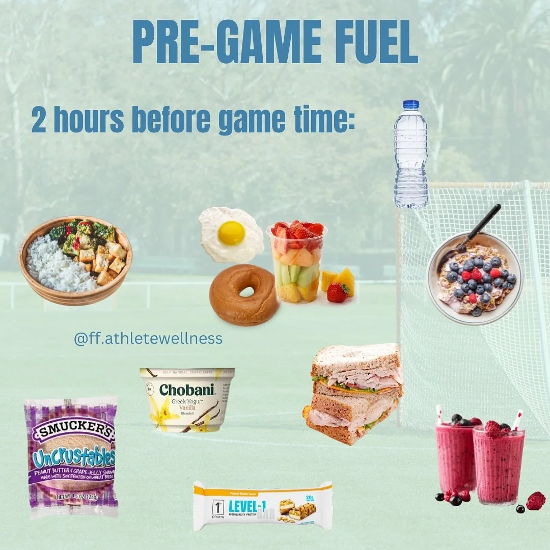 What to eat before a game? 

Here are some ideas! 

2+ hours before training or games should be focused with complex carbs and proteins. This allows your body to stay full with time to digest, have longer lasting energy, and protect muscles. 

Allow 